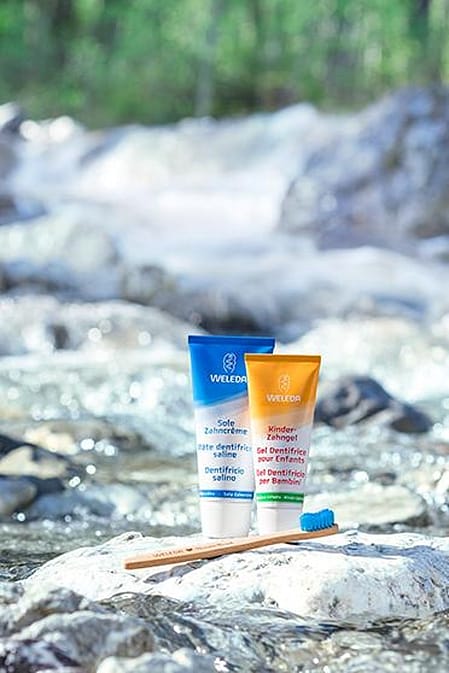 botes de pasta de dientes de weleda y un cepillo dental de madera