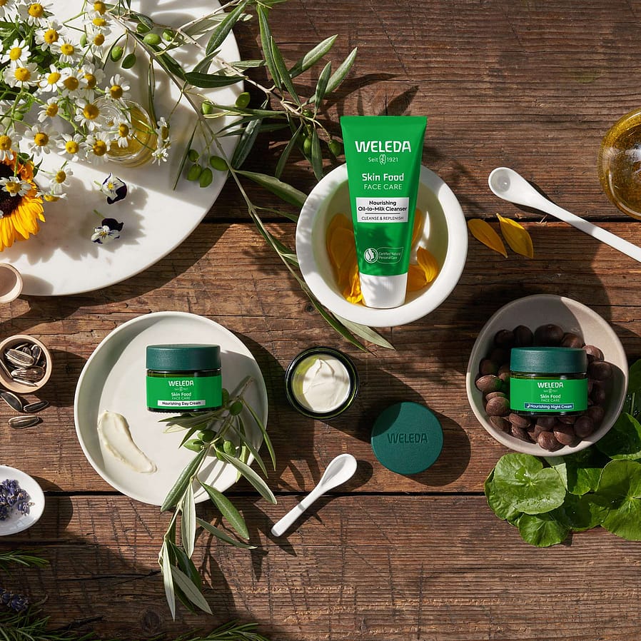 skin food face products on wood table surrounded by plants