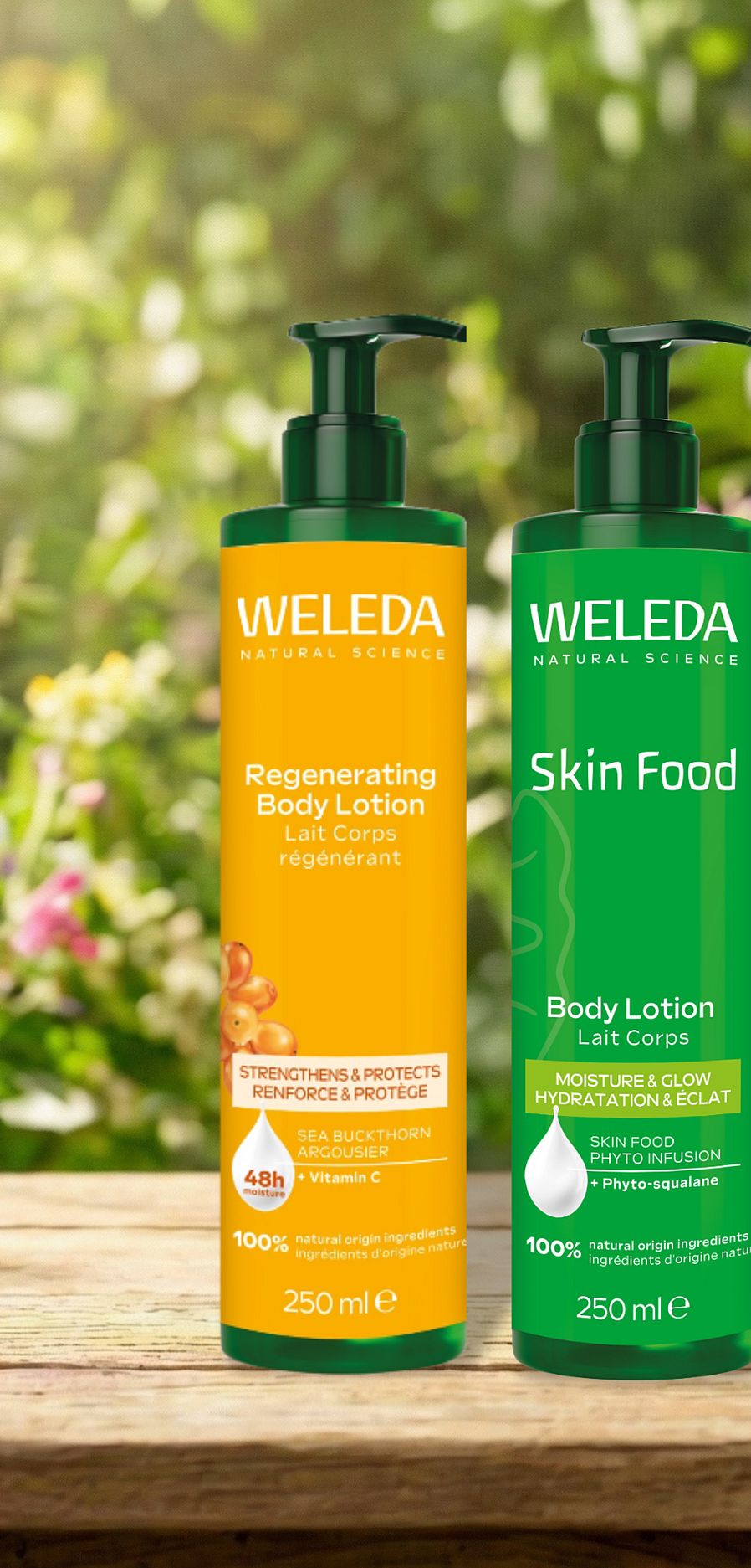 Weleda body lotions men en vårig bakgrund med blommor och sol