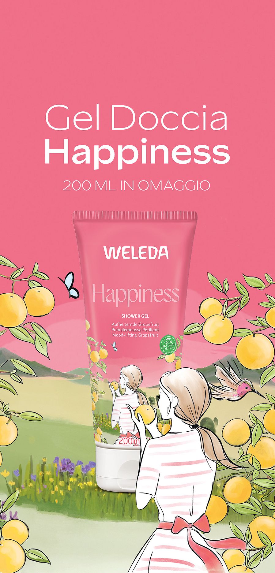 Promo linea corpo: doccia happiness in omaggio su paesaggio rosa con frutti