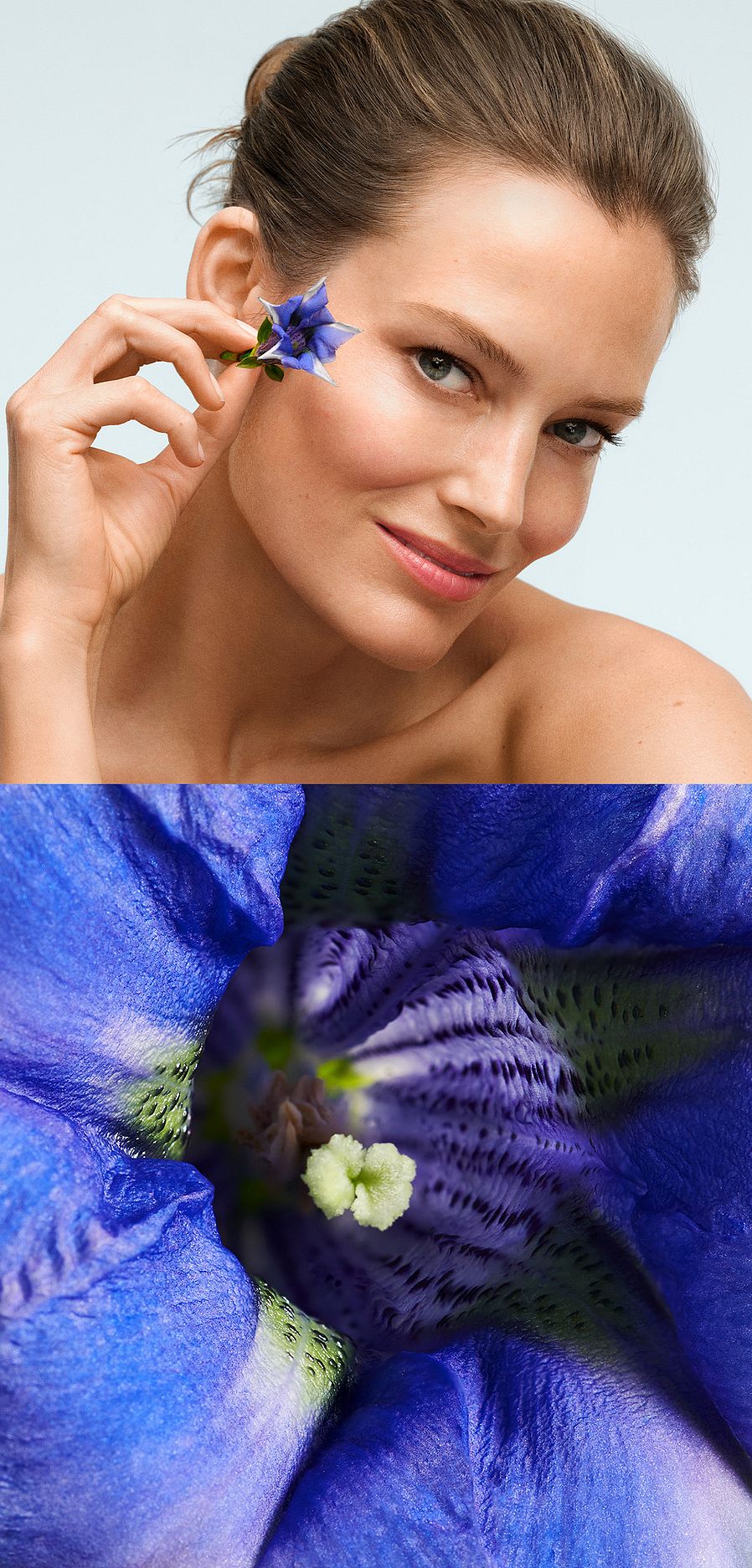 Donna con fiore di genziana blu e fiore di genziana blu a destra