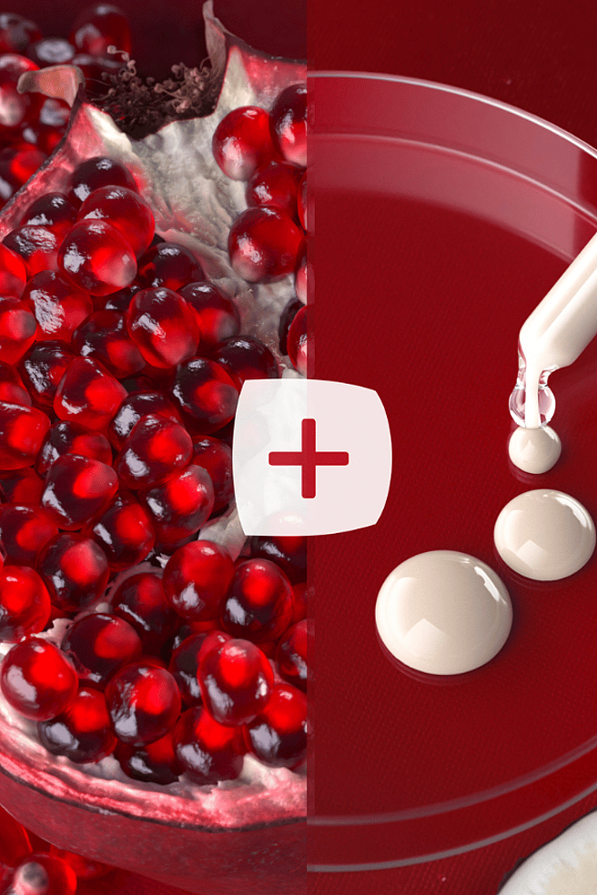 gotas de serum reafirmante y antioxidante de granada y peptidos de raiz de maca junto a una pipeta y frutos de granada