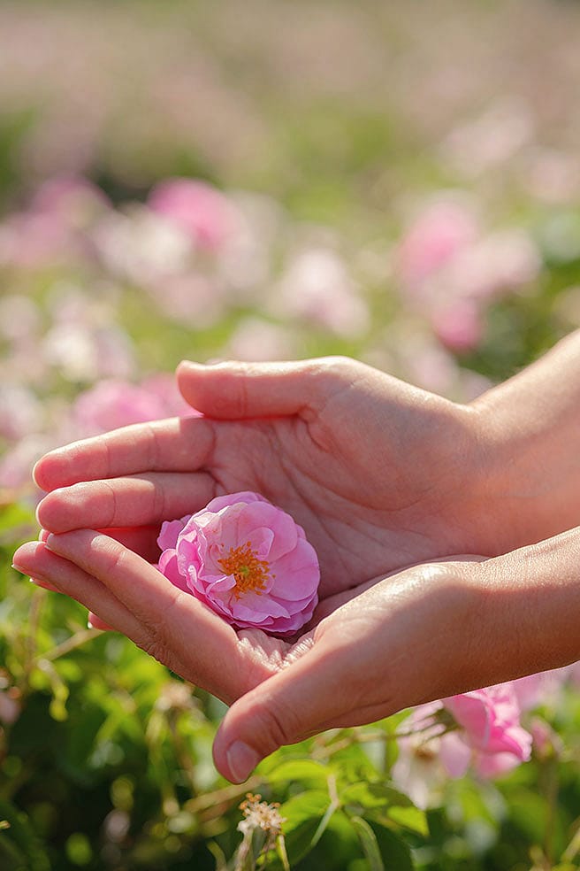 Wildrosenblüte in Händen
