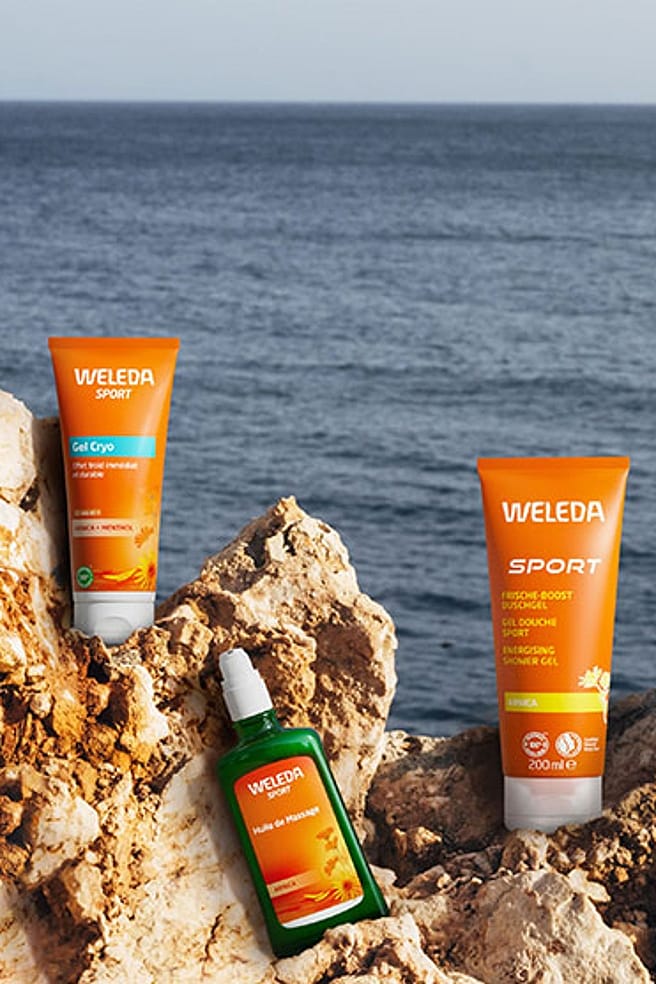 Weleda Arnika Produkte auf einem Felsen am Meer