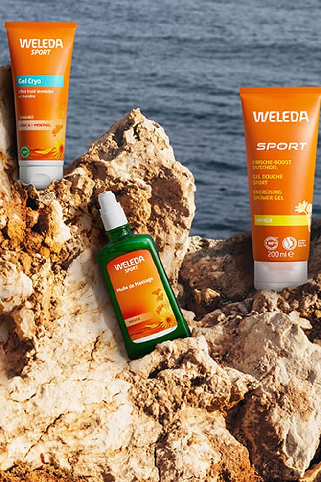Weleda Arnika Produkte auf einem Felsen am Meer