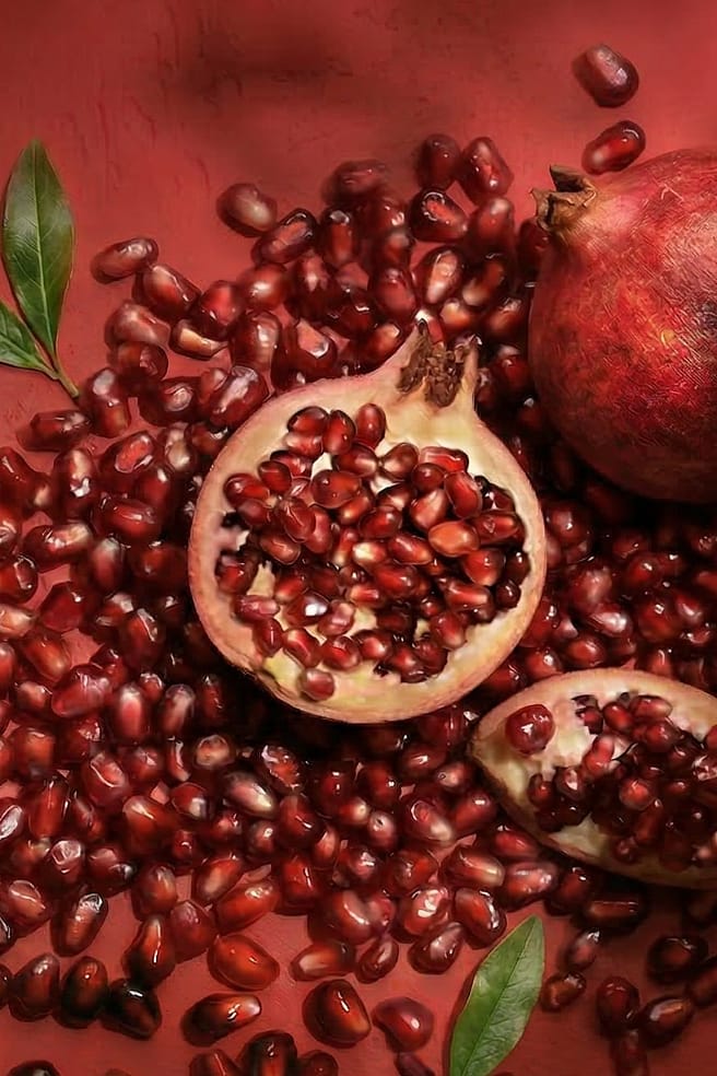 Grananäpple utspritt på en röd bakgrund.