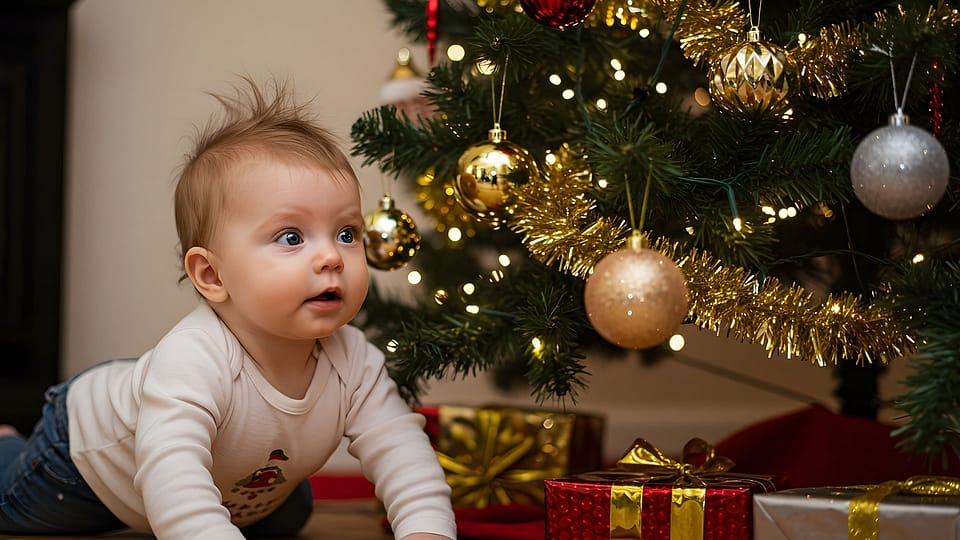 Baby unter dem Weihnachtsbaum