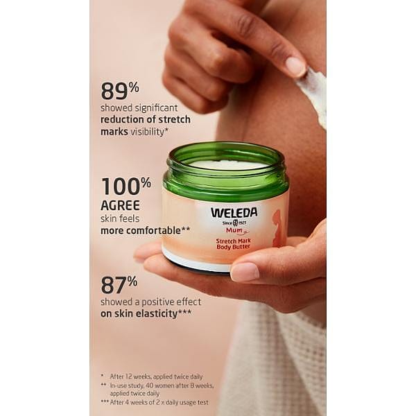 Open Stretch Mark Body Butter jar and image of a woman's pregnant belly applying the cream to herlsef with text benefits.