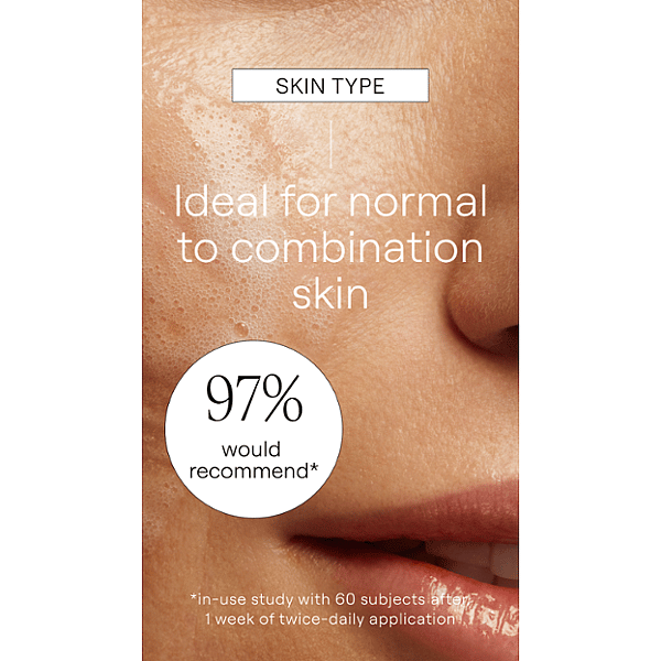 Woman's face with Deep Cleansing Gel on her face and text for normal to combination skin.