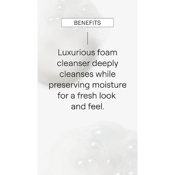 Gentle Cleansing Foam texture on grey background with benefits text.