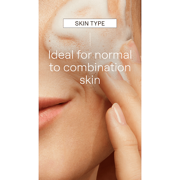 Woman with Gentle Cleansing Foam on her face with skin type text for normal to combination skin.