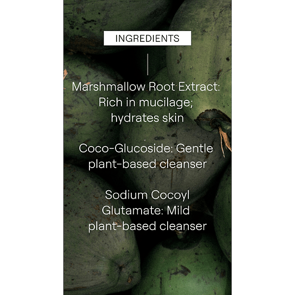 Green coconuts with Gentle Cleansing Foam key ingredients listed.