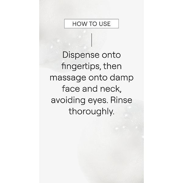 Gentle Cleansing Foam texture on grey background with how to use text.