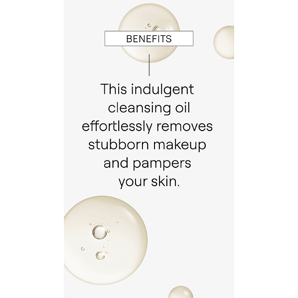 Make-up Removal Cleansing Oil droplets texture with benefits text.
