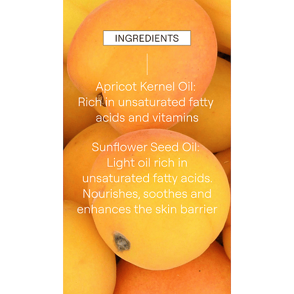 Orange apricots with text of the Make-up Removal Cleansing Oil key ingredients.
