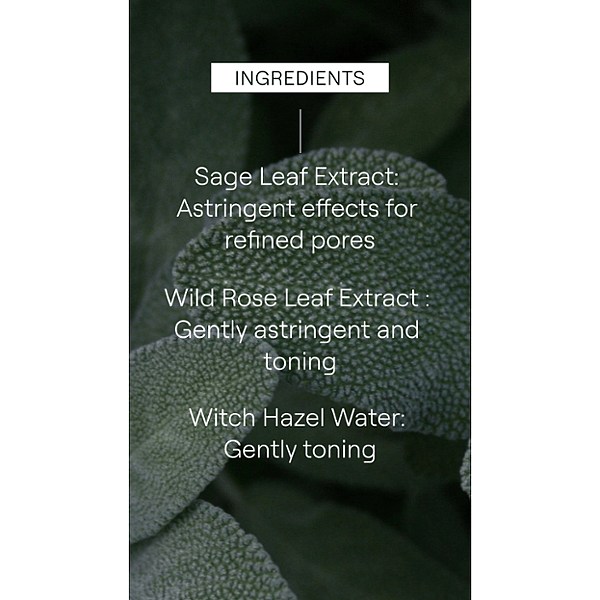 Sage leaf with text for Refinign Toner key ingredients.