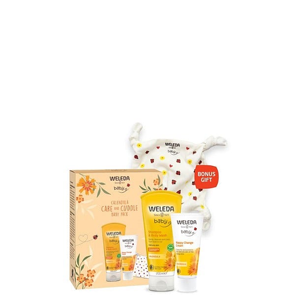 Calendula Care and Cuddle Baby Pack in a box with Shampoo and Bodywash, Nappy Change Cream and a Bonus Gift.