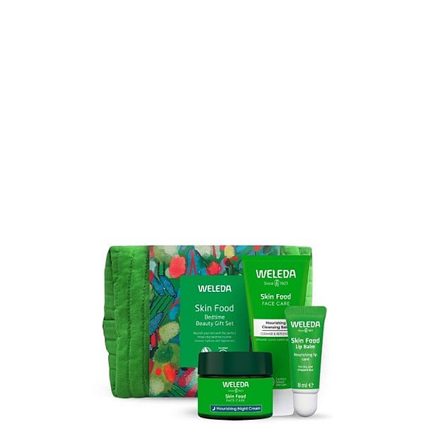 Skin Food Bedtime Beauty Gift Set including Skin Food Night Cream, Cleansing Balm and Lip Balm in a green toiletery Bag.
