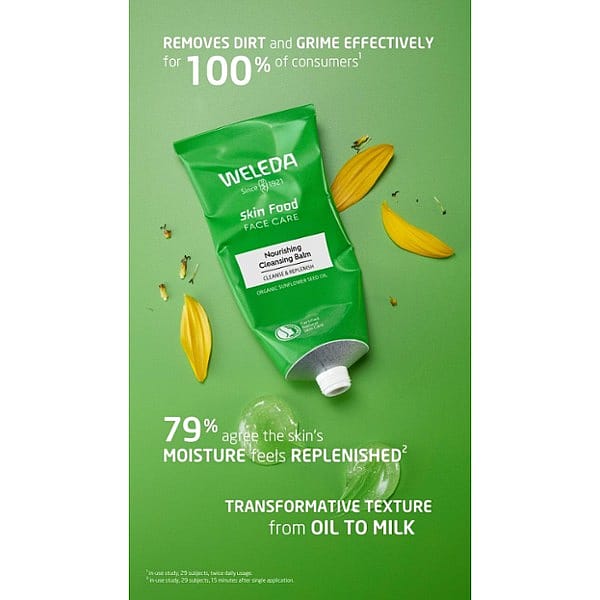 Squeezed Skin Food Nourishing Cleansing Balm and texture surrounded by text with benefits.