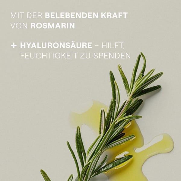 Rosmarinzweig und Rosmarinöl. Mit der belebenden KRaft von Rosmarin. Hyaluronsäure hilft Feuchtigkeit zu spenden.