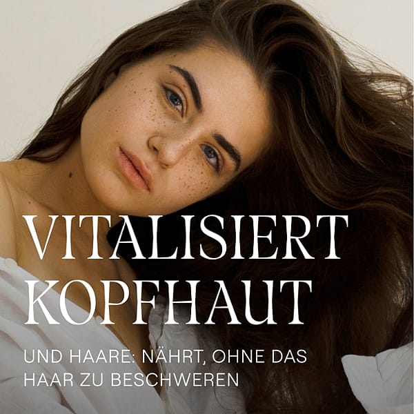 Frau mit langen dunklen Haaren. Vitalisiert Kopfhaut und Haare: nährt ohne das Haar zu Beschweren.