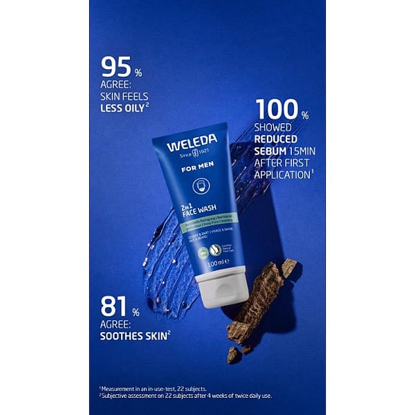 Men 2in1 Face Wash texture swatch surrounded by efficacy data and willow bark.