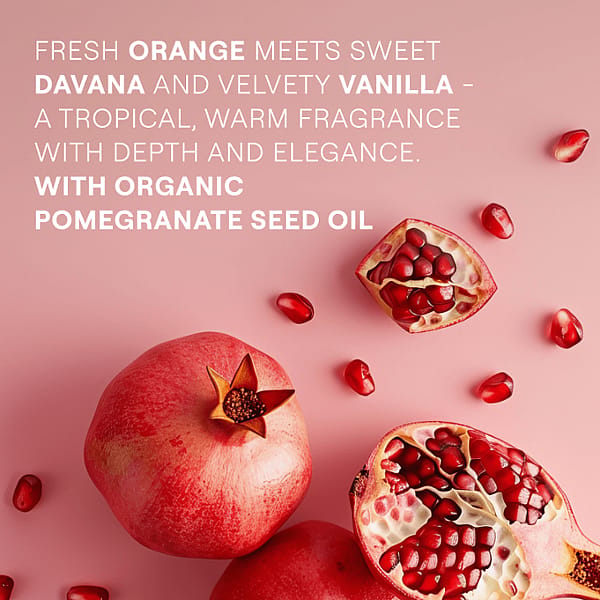 Pomegranate. Fresh orange meets sweet davana and velvety vanilla. A tropical, warm fragrance with depth and elegance.