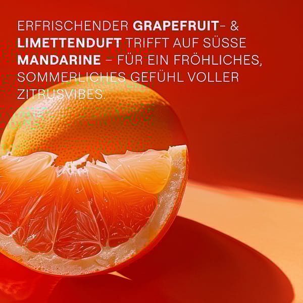 Grapefruit ganz und Schnitz. Erfrischender Grapefruit- & Limettenduft trifft auf süsse Mandarine - für ein fröhliches, sommerliches Gefühl voller Zitrusvibes.
