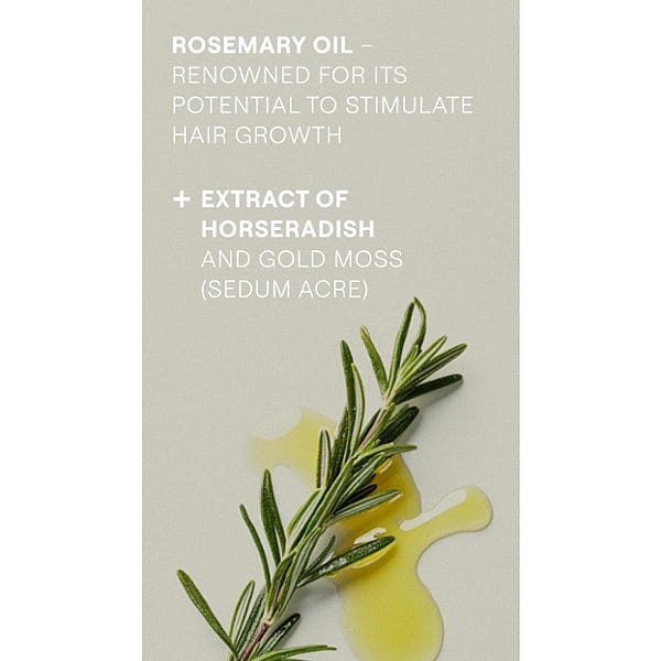 Rosemary twig and oil with Revitalising Hair Tonic ingredients text.