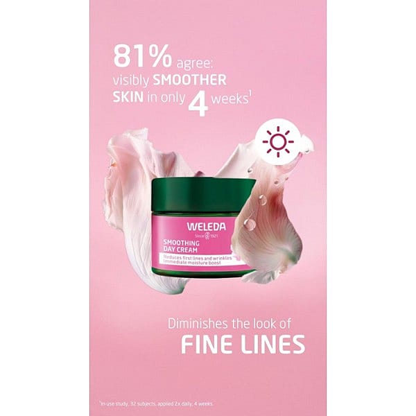 Smoothing Day Cream Wild Rose & White Tea surrounded by a wild rose petal with text benefits on a pink background.
