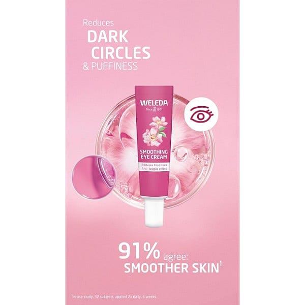 Smoothing Eye Cream Wild Rose & White Tea infront of a petri dish with text benefits on a pink background.