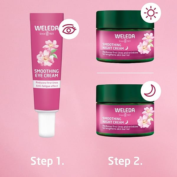 Smoothing Face Care Wild Rose & White Tea skincare routine on a pink background.
