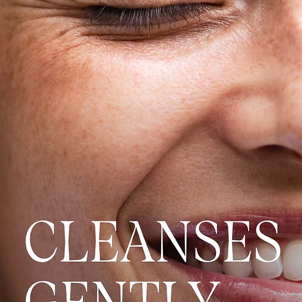 Smiling young woman with her eyes closed and text for Deep Cleansing Gel benefits.