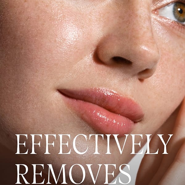 Young woman's face with Make-up Removal Cleansing Oil benefits text.