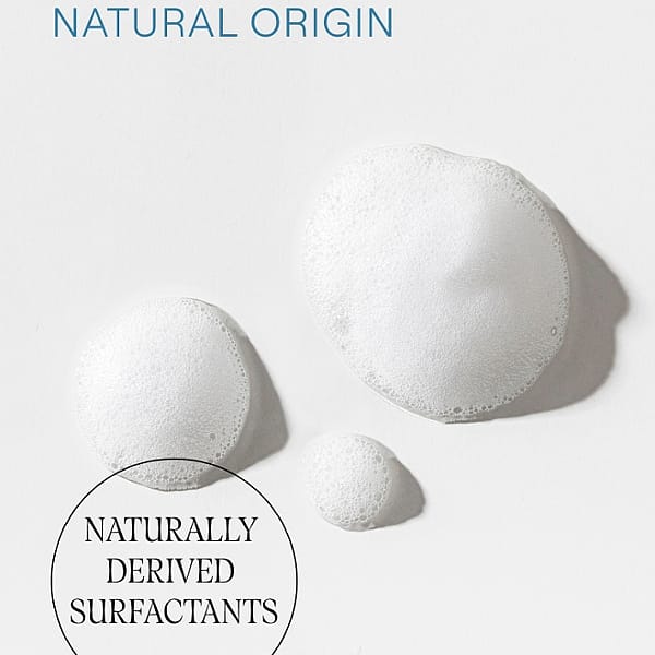 Gentle Cleansing Foam texture on grey background with ingredients and benefits text.