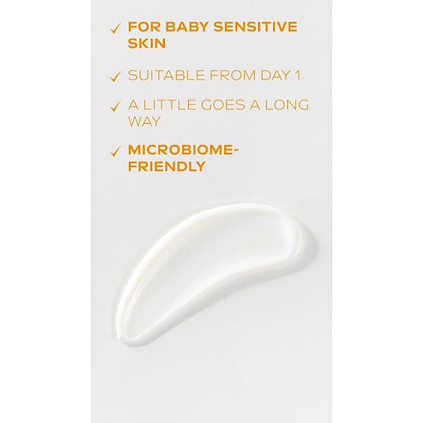 Calendula nappy change cream fragrance free texture swatch and benefits text.