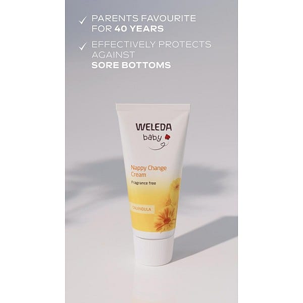 Calendula nappy change cream fragrance free tube on grey background and text