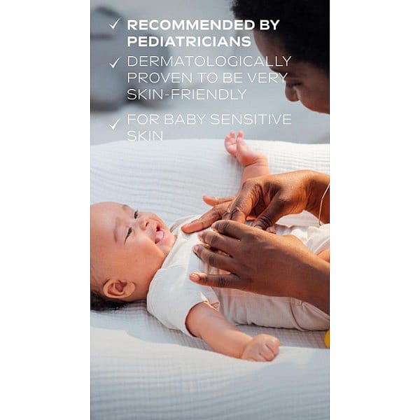 Smiling dark skin baby and mother smiling to him with Calendula nappy change cream fragrance free benefits text.