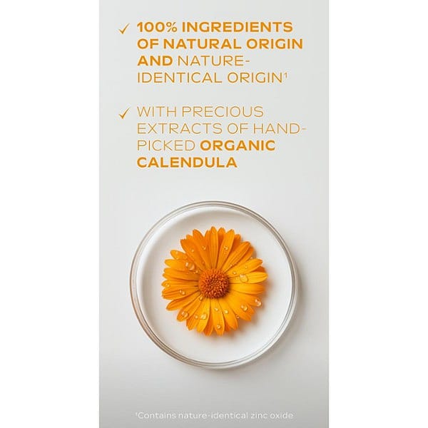 Calendula flower in a petri dish and Calendula nappy change cream fragrance free ingredients text.