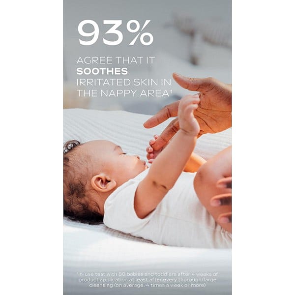 Dark skin baby lying down and holding mother's finger with Calendula nappy change cream fragrance free text.
