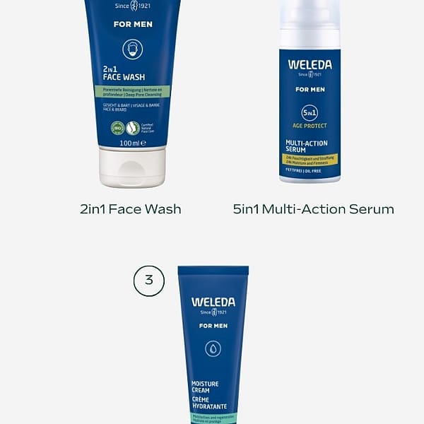 Men's face care cleansing and mositurising skincare routine.