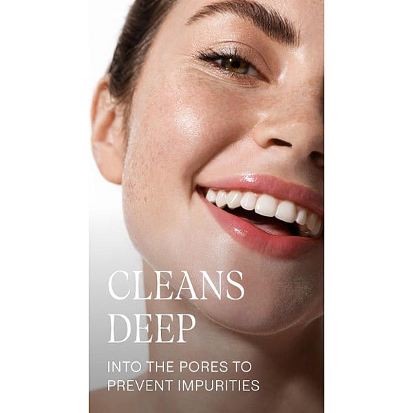 woman smiling, purifying gel cleanser Cleans deep