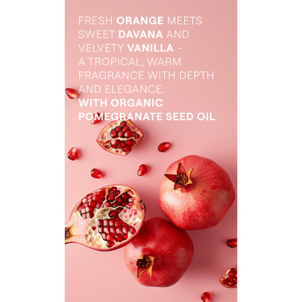 pomegranate and its seeds with text