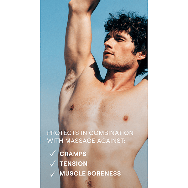 shirtless man with his arm raised, accompanied by text.