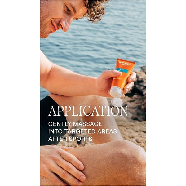 man applying Arnica Sport Cooling Gel to his legs with text.
