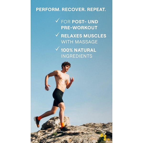 shirtless man running on rocky terrain with text.