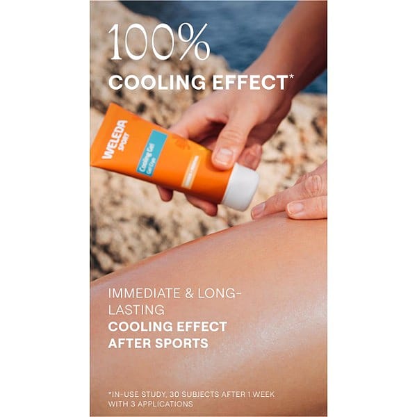 Arnica Sport cooling Gel held in hand with text.
