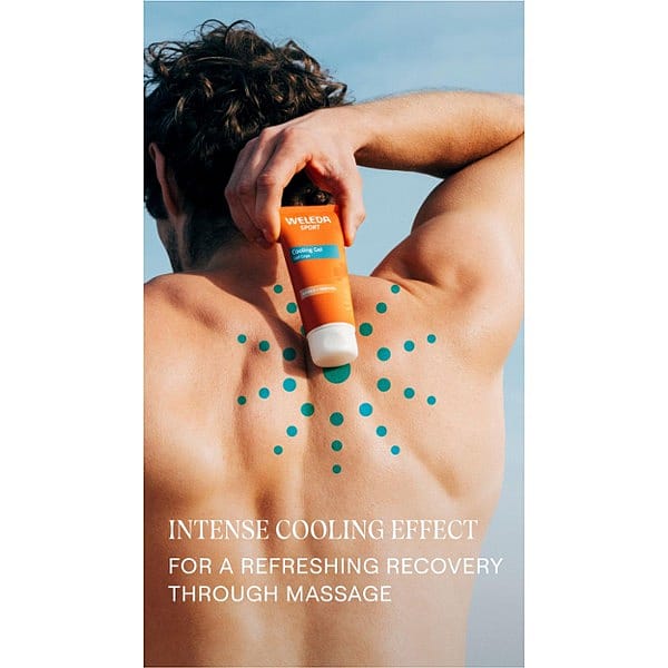 man holding Weleda Sport Cooling Gel against his back and text.