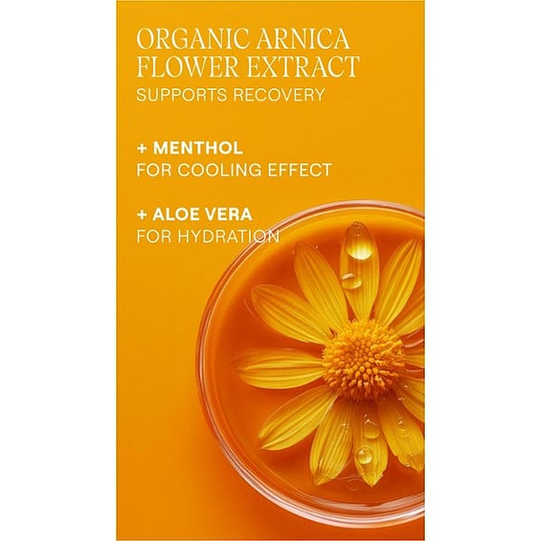 Arnica flower in petri dish against orange background and text.