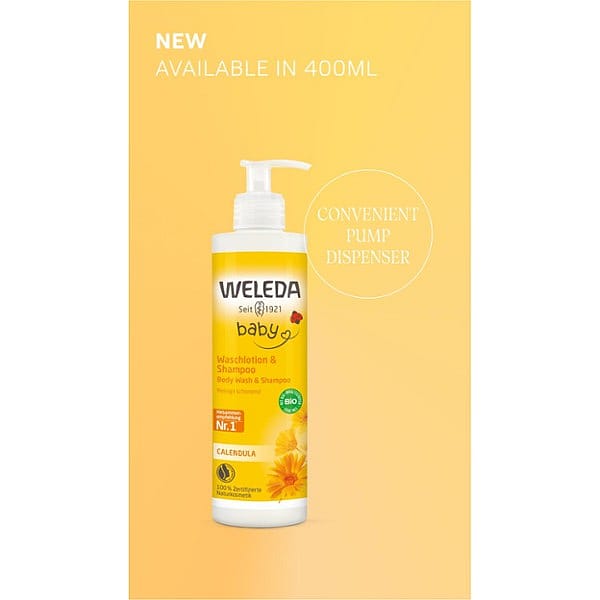 Calendula Baby Shampoo Body Wash new size 400ml against orange background.